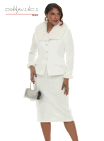 Donna Vinci Couture <br> (Fall/Holiday 2026) <br> DV12294-OF <br> <br> OFF-WHITE <br> 6 8 10 12 14 16 18 20<br> <br> 2pc. Jacket & Skirt Set <br> Novelty Fabric Trimmed With Faux Fur & Rhinestone Buttons. Fur Cuffs Are Detachable.