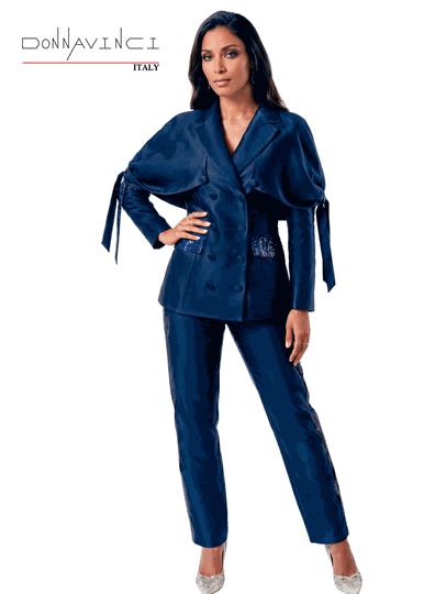 Donna Vinci Couture <br> (Fall/Holiday 2026) <br> DV12297 <br> <br> NAVY <br> 6 8 10 12 14 16 18 20<br> <br> 2pc. Jacket & Pant Set <br> Virtual Silk Look Fabric Desgined With Navy Sequin On Jacket & Pant