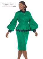 Donna Vinci Couture <br> (Fall/Holiday 2026) <br> DV12298 <br> <br> GREEN <br> 8 10 12 14 16 18 20<br> <br> 2pc. Jacket & Skirt Set <br> Exclusive Novelty Fabric Trimmed With Black Virtual Silk Look Fabric