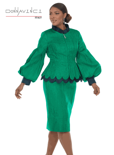 Donna Vinci Couture <br> (Fall/Holiday 2026) <br> DV12298 <br> <br> GREEN <br> 8 10 12 14 16 18 20<br> <br> 2pc. Jacket & Skirt Set <br> Exclusive Novelty Fabric Trimmed With Black Virtual Silk Look Fabric