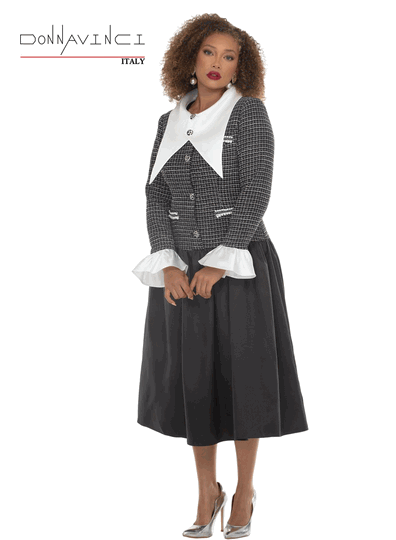 Donna Vinci Couture <br> (Fall/Holiday 2026) <br> DV12299 <br> <br> BLACK/WHITE <br> 8 10 12 14 16 18 20<br> <br> Dress <br> Novelty Boucle Tweed Fabric & Mat Soft Satin Skirt, Trimmed With Pearls