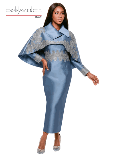Donna Vinci Couture <br> (Fall/Holiday 2026) <br> DV12300 <br> <br> ICE-BLUE <br> 6 8 10 12 14 16 18 20<br> <br> Dress <br> Virtual Silk Look Fabric Desgined With Novelty Guipure Lace