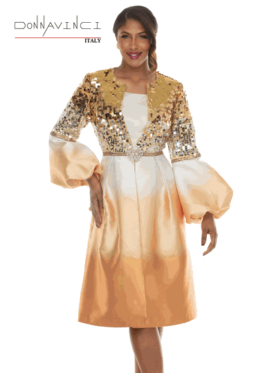 Donna Vinci Couture <br> (Fall/Holiday 2026) <br> DV12302 <br> <br> GOLD-OMBRE' <br> 8 10 12 14 16 18 20<br> <br> 2pc. Dress & Jacket Set <br> Novelty Ombre' Fabric Designed With Novelty Sequin Fabric, Rhinestone buckle & Trims