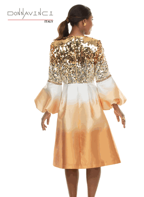 Donna Vinci Couture <br> (Fall/Holiday 2026) <br> DV12302 <br> <br> GOLD-OMBRE' <br> 8 10 12 14 16 18 20<br> <br> 2pc. Dress & Jacket Set <br> Novelty Ombre' Fabric Designed With Novelty Sequin Fabric, Rhinestone buckle & Trims