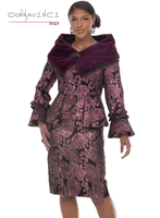 Donna Vinci Couture <br> (Fall/Holiday 2026) <br> DV12304 <br> <br> PLUM <br> 8 10 12 14 16 18 20<br> <br> 2pc. Jacket & Skirt Set <br> Novelty Brocade Fabric Designed With Faux Fur