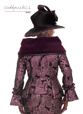 Donna Vinci Couture <br> (Fall/Holiday 2026) <br> DV12304 <br> <br> PLUM <br> 8 10 12 14 16 18 20<br> <br> 2pc. Jacket & Skirt Set <br> Novelty Brocade Fabric Designed With Faux Fur