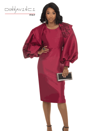 Donna Vinci Couture <br> (Fall/Holiday 2026) <br> DV12305 <br> <br> BURGUNDY <br> 6 8 10 12 14 16 18 20<br> <br> 2pc. Dress & Bolero Jacket Set <br> Virtual Silk Look Fabric Designed With Emberoidered Sequin & Trims
