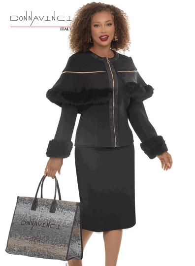 Donna Vinci Couture <br> (Fall/Holiday 2026) <br> DV12306-BL <br> <br> BLACK <br> 8 10 12 14 16 18 20<br> <br> 2pc. Jacket & Skirt Set <br> Poly/Spandex Fabric Trimmed With Faux Fur