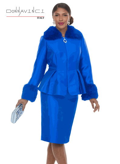 Donna Vinci Couture <br> (Fall/Holiday 2026) <br> DV12307 <br> <br> ROYAL <br> 8 10 12 14 16 18 20<br> <br> 2pc. Jacket & Skirt Set <br> Virtual Silk Look Fabric Trimmed With Faux Fur