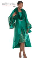 Donna Vinci Couture <br> (Fall/Holiday 2026) <br> DV12308 <br> <br> IVY-GREEN <br> 8 10 12 14 16 18 20<br> <br> 2pc. Dress & Jacket Set <br> Virtual Silk Look Fabric Desgined With Novelty Sequin Fabric & Detachable Faux Fur And Rhinestone Buckle