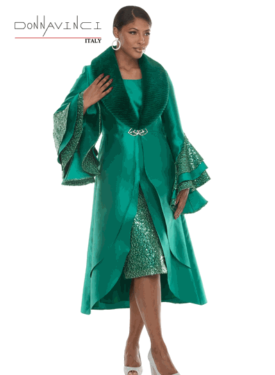 Donna Vinci Couture <br> (Fall/Holiday 2026) <br> DV12308 <br> <br> IVY-GREEN <br> 8 10 12 14 16 18 20<br> <br> 2pc. Dress & Jacket Set <br> Virtual Silk Look Fabric Desgined With Novelty Sequin Fabric & Detachable Faux Fur And Rhinestone Buckle