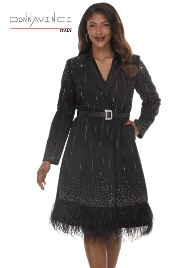 Donna Vinci Couture <br> (Fall/Holiday 2026) <br> DV12309 <br> <br> BLACK <br> 10 12 14 16 18 20 22<br> <br> Dress <br> Peach Skin Fabric Trimmed With Rhinestones & Feathers.  Belt Included.
