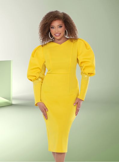 Donna Vinci Couture <br> (Spring 2025) <br> DV12187-YE <br> <br> YELLOW <br> 8 10 12 14 16 18 20<br> <br> Dress <br> Poly/Spandex Fabric Trimmed With Rhinestones