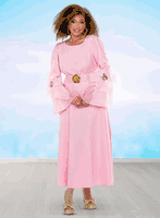 Donna Vinci Couture <br> (Spring/Summer 2026) <br> DV12195 <br> <br> PINK <br> 8 10 12 14 16 18 20<br> <br> Dress <br> Exclusive Peach Skin Fabric With Organza Trimmed Sleeves & Rhinestones. Belt Included.