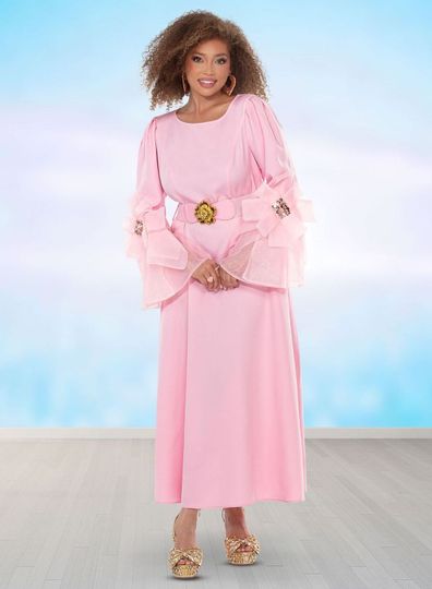 Donna Vinci Couture <br> (Spring/Summer 2026) <br> DV12195 <br> <br> PINK <br> 8 10 12 14 16 18 20<br> <br> Dress <br> Exclusive Peach Skin Fabric With Organza Trimmed Sleeves & Rhinestones. Belt Included.