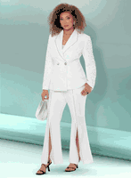 Donna Vinci Couture <br> (Spring/Summer 2026) <br> DV12196 <br> <br> OFF-WHITE <br> 8 10 12 14 16 18 20<br> <br> 2pc. Jacket & Pant Set <br> Exclusive Peach Skin Fabric Trimmed With Pearls & Rhinestones.