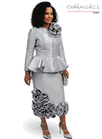 Donna Vinci Couture <br> (Spring/Summer 2026) <br> DV12164-SI <br> <br> SILVER <br> 8 10 12 14 16 18 20 22<br> <br> 2pc. Jacket & Skirt Set <br> Virtual Silk Look Fabric Designed With Ruffled Novelty Fabric.