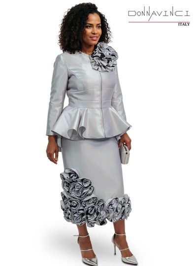 Donna Vinci Couture <br> (Spring/Summer 2026) <br> DV12164-SI <br> <br> SILVER <br> 8 10 12 14 16 18 20 22<br> <br> 2pc. Jacket & Skirt Set <br> Virtual Silk Look Fabric Designed With Ruffled Novelty Fabric.
