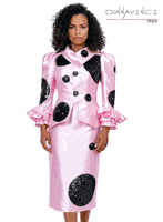 Donna Vinci Couture <br> (Spring/Summer 2026) <br> DV12205-PI <br> <br> PINK <br> 8 10 12 14 16 18 20<br> <br> 2pc. Jacket & Skirt Set <br> Virtual Silk Look Fabric Trimmed With Black Sequins & Large Stone Buttons.