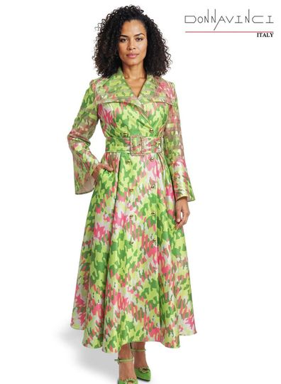 Donna Vinci Couture <br> (Spring/Summer 2026) <br> DV12210-LI <br> <br> LIME/PINK <br> 8 10 12 14 16 18 20<br> <br> Dress <br> Novelty Fabric Trimmed With Gold Buttons & Wide Belt With Rhinestones
