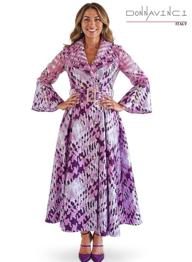 Donna Vinci Couture <br> (Spring/Summer 2026) <br> DV12210-RO <br> <br> ROSE/PURPLE <br> 8 10 12 14 16 18 20<br> <br> Dress <br> Novelty Fabric Trimmed With Gold Buttons & Wide Belt With Rhinestones