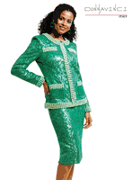 Donna Vinci Couture <br> (Spring/Summer 2026) <br> DV12234-PE <br> <br> PEPPERMINT <br> 10 12 14 16 18 20 22<br> <br> 2pc. Jacket & Skirt Set <br> High Quality Sequin Fabric With Stretch Trimmed With Pearls