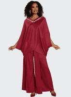 Donna Vinci Couture <br> (Spring/Summer 2026) <br> DV12244-SA <br> <br> SANGRIA-RED <br> 8 10 12 14 16 18 20<br> <br> 2pc. Top & Pant Set <br> High Quality Satin Crepe Fabric, All Around Neck Trimmed With Beautiful Rhinestones
