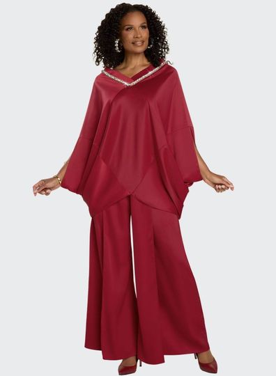 Donna Vinci Couture <br> (Spring/Summer 2026) <br> DV12244-SA <br> <br> SANGRIA-RED <br> 8 10 12 14 16 18 20<br> <br> 2pc. Top & Pant Set <br> High Quality Satin Crepe Fabric, All Around Neck Trimmed With Beautiful Rhinestones