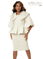 Donna Vinci Couture <br> (Spring/Summer 2026) <br> DV12245 <br> <br> BUTTERCUP <br> 10 12 14 16 18 20 22 24<br> <br> 2pc. Jacket & Skirt Set <br> Poly/Spandex Fabric Trimmed With Novelty Embroidered Fabric, Pearls & Feathers