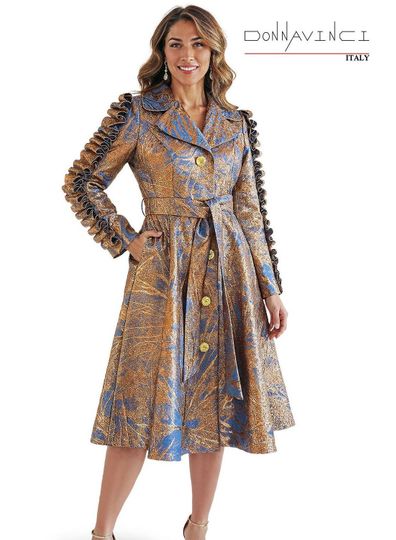 Donna Vinci Couture <br> (Spring/Summer 2026) <br> DV12246 <br> <br> ROSE-GOLD/BLUE <br> 8 10 12 14 16 18 20<br> <br> Dress <br> Novelty Fabric Dress With Ruffles on Sleeves & Updated buttons