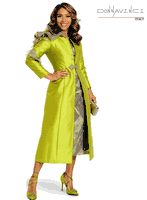 Donna Vinci Couture <br> (Spring/Summer 2026) <br> DV12247 <br> <br> LIME <br> 10 12 14 16 18 20 22 24<br> <br> 2pc. Dress & Jacket Set <br> Novelty Fabric Dress With Virtual Silk Jacket Designed With Ruffles and Beautiful Rhinestone Buckle