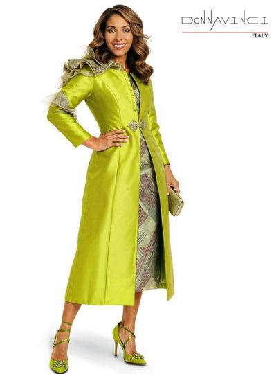 Donna Vinci Couture <br> (Spring/Summer 2026) <br> DV12247 <br> <br> LIME <br> 10 12 14 16 18 20 22 24<br> <br> 2pc. Dress & Jacket Set <br> Novelty Fabric Dress With Virtual Silk Jacket Designed With Ruffles and Beautiful Rhinestone Buckle