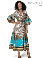 Donna Vinci Couture <br> (Spring/Summer 2026) <br> DV12248-CO <br> <br> COFFEE/TURQ <br> 8 10 12 14 16 18 20<br> <br> Dress <br> Exclusive Virtual Silk Boarder Print Fabric, in 2 Beautiful Color Combinations. Belt Included.