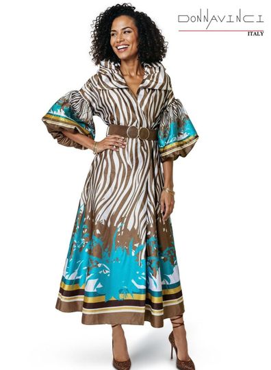 Donna Vinci Couture <br> (Spring/Summer 2026) <br> DV12248-CO <br> <br> COFFEE/TURQ <br> 8 10 12 14 16 18 20<br> <br> Dress <br> Exclusive Virtual Silk Boarder Print Fabric, in 2 Beautiful Color Combinations. Belt Included.