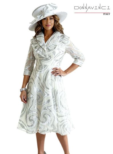Donna Vinci Couture <br> (Spring/Summer 2026) <br> DV12249 <br> <br> WHITE/SILVER <br> 8 10 12 14 16 18 20<br> <br> Dress <br> Novelty Fabric In Metallic Silver