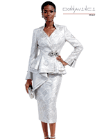 Donna Vinci Couture <br> (Spring/Summer 2026) <br> DV12250 <br> <br> SILVER <br> 10 12 14 16 18 20 22 24<br> <br> 3pc. Jacket, Cami & Skirt Set <br> Novelty Fabric With Silver 3D Effect, With A Beautiful Buckle