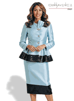 Donna Vinci Couture <br> (Spring/Summer 2026) <br> DV12252-IC <br> <br> ICE-BLUE/BLK <br> 8 10 12 14 16 18 20<br> <br> 2pc. Jacket & Skirt Set <br> Virtual Silk Look Fabric, Trimmed With Black Sequin Novelty Fabric & Updated Buttons