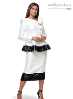 Donna Vinci Couture <br> (Spring/Summer 2026) <br> DV12252-WH <br> <br> WHITE/BLK <br> 8 10 12 14 16 18 20<br> <br> 2pc. Jacket & Skirt Set <br> Virtual Silk Look Fabric, Trimmed With Black Sequin Novelty Fabric & Updated Buttons