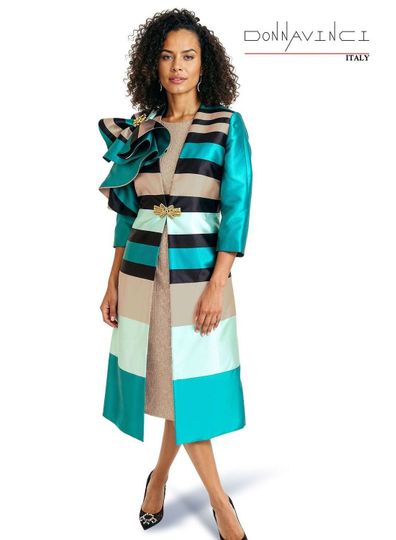 Donna Vinci Couture <br> (Spring/Summer 2026) <br> DV12255 <br> <br> TAN/MULTI <br> 8 10 12 14 16 18 20 22<br> <br> 2pc. Dress & Jacket Set <br> Beautiful Dress In Sequin Novelty Fabric, Jacket In Virtual Silk, Trimmed With Gold Rhinestone Buckle and Broach