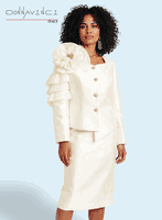 Donna Vinci Couture <br> (Spring/Summer 2026) <br> DV12258-IV <br> <br> IVORY <br> 8 10 12 14 16 18 20 22<br> <br> 2pc. Jacket & Skirt Set <br> Virtual Silk Look Fabric Trimmed With Ruffled/Pleated Novelty Organza Fabric, Trimmed With Gold Buttons & Broach