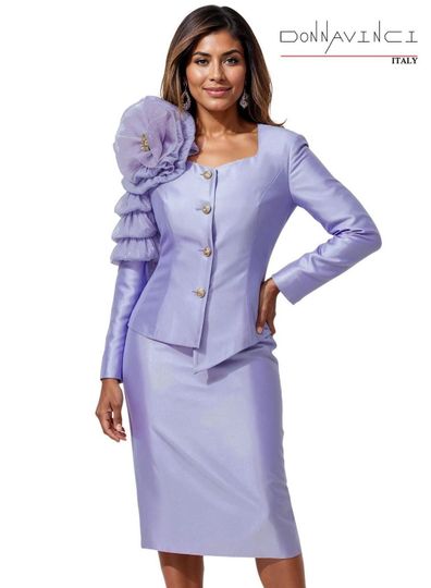 Donna Vinci Couture <br> (Spring/Summer 2026) <br> DV12258-LA <br> <br> LAVENDER <br> 8 10 12 14 16 18 20 22<br> <br> 2pc. Jacket & Skirt Set <br> Virtual Silk Look Fabric Trimmed With Ruffled/Pleated Novelty Organza Fabric, Trimmed With Gold Buttons & Broach