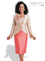 Donna Vinci Couture <br> (Spring/Summer 2026) <br> DV12260 <br> <br> CHAMPAGNE/CORAL <br> 8 10 12 14 16 18 20 22<br> <br> 2pc. Jacket & Skirt Set <br> Virtual Silk Look Fabric in 2 Different Colors, Designed With A Detachable Broach Trimmed With Rhinestones