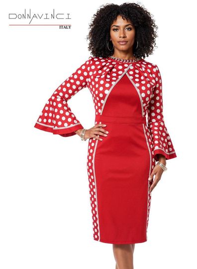 Donna Vinci Couture <br> (Spring/Summer 2026) <br> DV12261-RE <br> <br> RED/WHITE <br> 8 10 12 14 16 18 20<br> <br> Dress <br> Poly/Spandex Fabrics Trimmed With Rhinestones & Chain