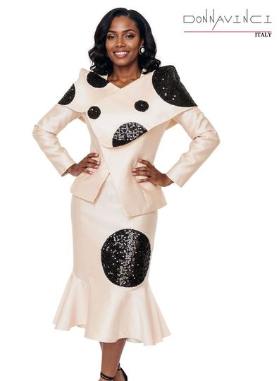 Donna Vinci Couture <br> (Spring/Summer 2026) <br> DV12263 <br> <br> BEIGE <br> 8 10 12 14 16 18 20<br> <br> 2pc. Jacket & Skirt Set <br> Virtual Silk Look Fabric Trimmed With Black Sequins