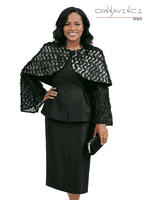Donna Vinci Couture <br> (Spring/Summer 2026) <br> DV12265 <br> <br> BLACK <br> 8 10 12 14 16 18 20<br> <br> 2pc. Jacket & Skirt Set <br> Virtual Silk Look Fabric, Mini Cape & Sleeves Trimmed With Novelty Ruffled Fabric
