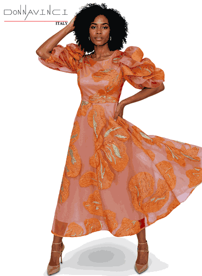 Donna Vinci Couture <br> (Spring/Summer 2026) <br> DV12266-TA <br> <br> Tangerine <br> 4 6 8 10 12 14 16 18 20<br> <br> Dress <br> Exclusive Novelty Fabric in 3D