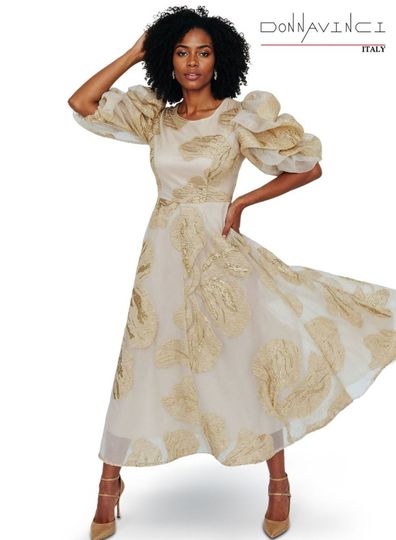 Donna Vinci Couture <br> (Spring/Summer 2026) <br> DV12266-TA <br> <br> TAN <br> 4 6 8 10 12 14 16 18 20<br> <br> Dress <br> Exclusive Novelty Fabric in 3D