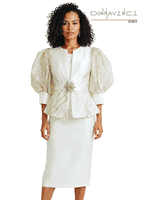 Donna Vinci Couture <br> (Spring/Summer 2026) <br> DV12267 <br> <br> WHITE/GOLD <br> 4 6 8 10 12 14 16 18 20<br> <br> 3pc. Jacket, Cami & Skirt Set <br> Virtual Silk Look Fabric Designed With A Beautiful Novelty Fabric on Sleeves & Elaborate Rhinestone Buckle