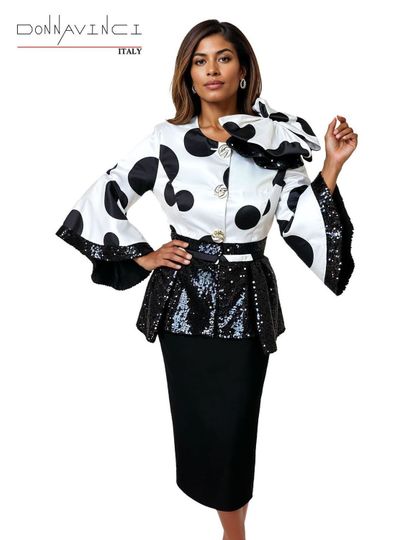 Donna Vinci Couture <br> (Spring/Summer 2026) <br> DV12270 <br> <br> BLACK/WHITE <br> 4 6 8 10 12 14 16 18 20<br> <br> 2pc. Jacket & Skirt Set <br> Virtual Silk Look Fabric Trimmed With Black Sequins  & Updated Buttons