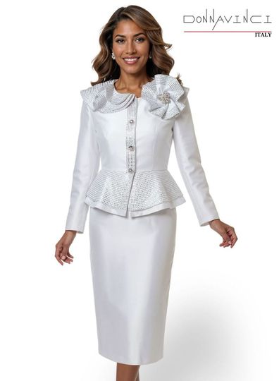 Donna Vinci Couture <br> (Spring/Summer 2026) <br> DV12271-PU <br> <br> PURE-WHITE <br> 4 6 8 10 12 14 16 18 20<br> <br> 2pc. Jacket & Skirt Set <br> Virtual Silk Look Fabric, Trimmed With Multi-Colored Rhinestones & A Beautiful Broach